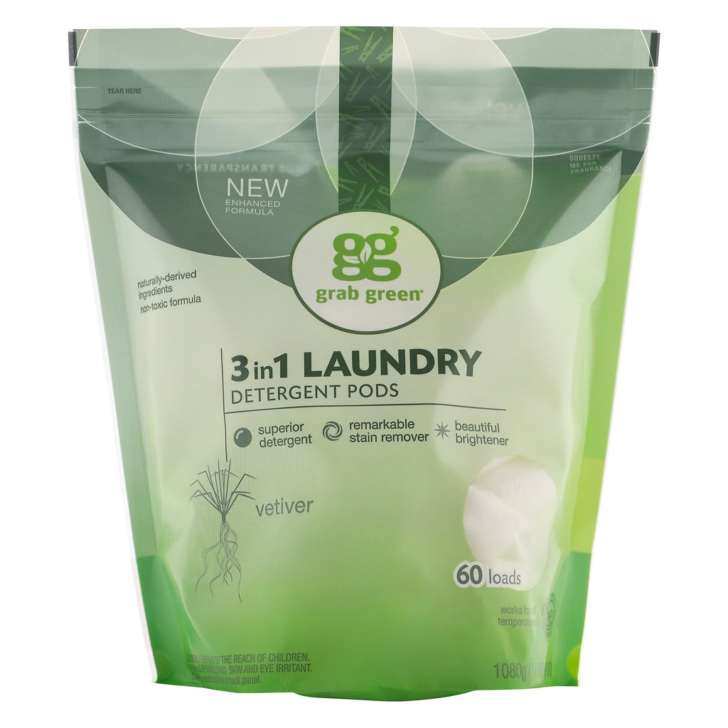 Grab Green, 3-in-1 Laundry Detergent Pods, Vetiver, 60 Loads, 2 lbs 4 oz