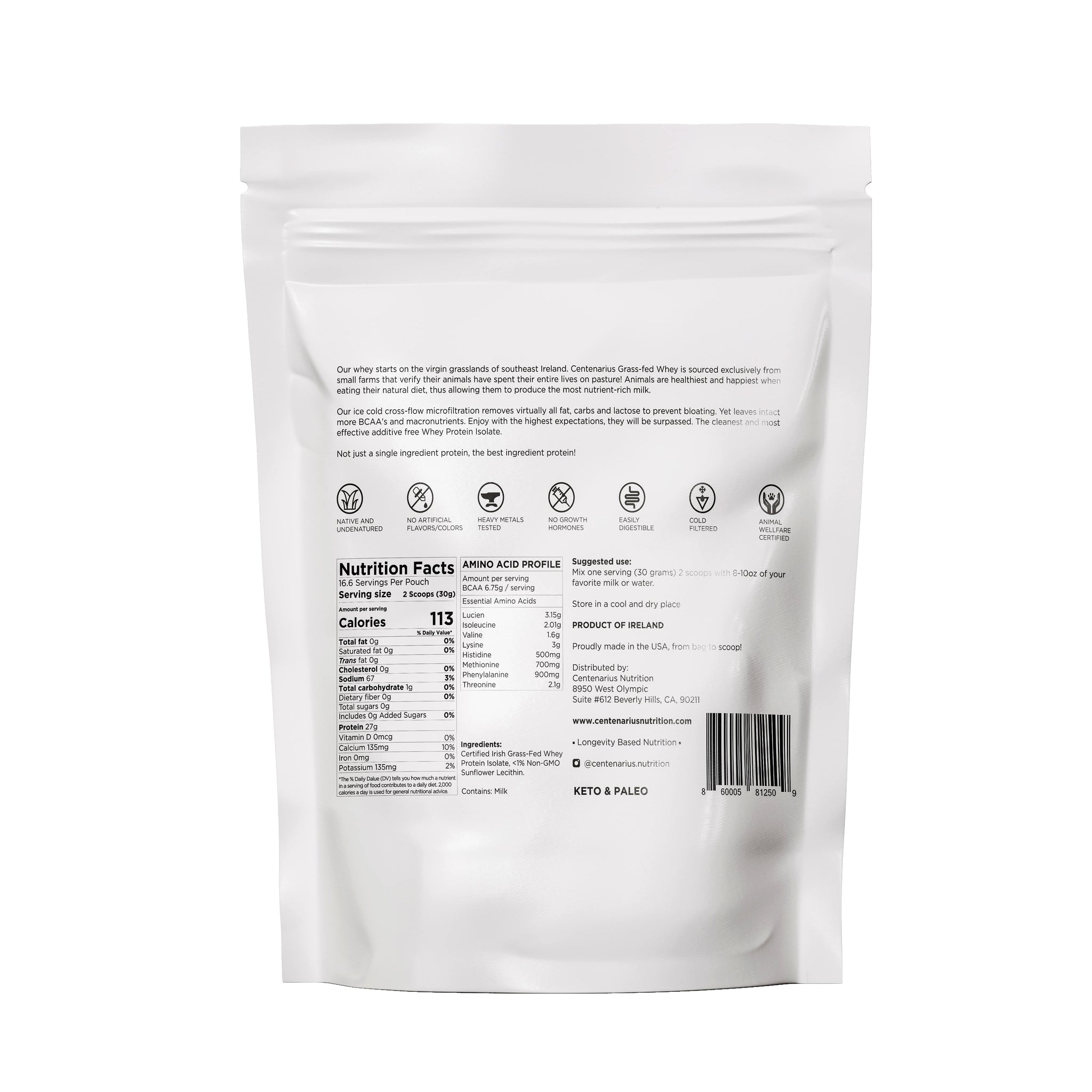 Centenarius, Certified Grass-Fed Whey Protein Isolate, 500G