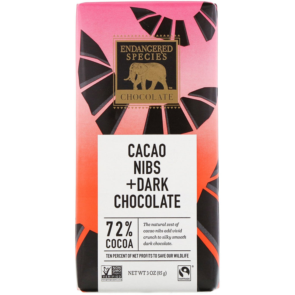 Endagered Species, Dark Chocolate with Nibs 72%, 3 oz