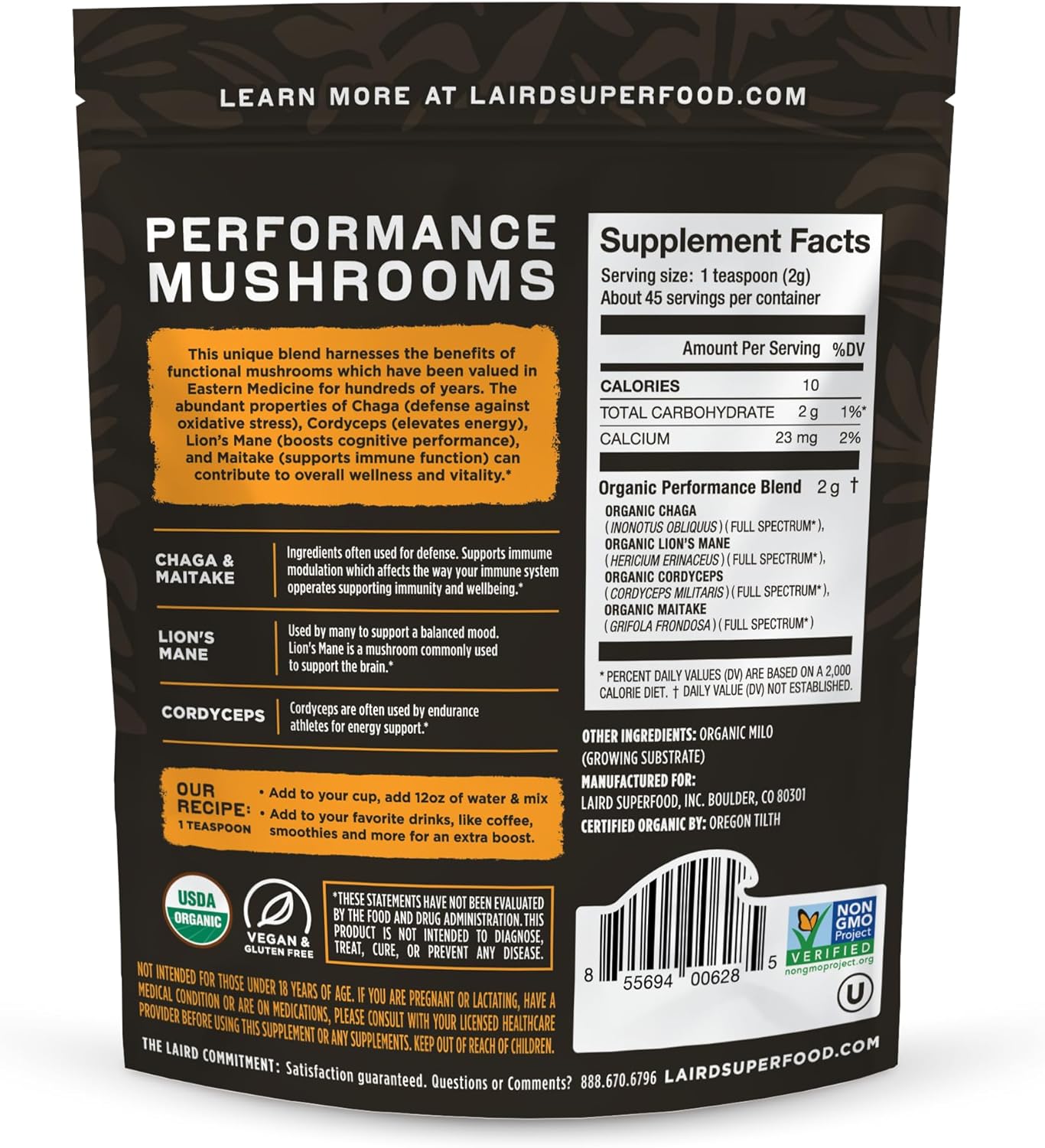 Laird Superfood, Organic Performance Mushroom Blend, 3.17 oz