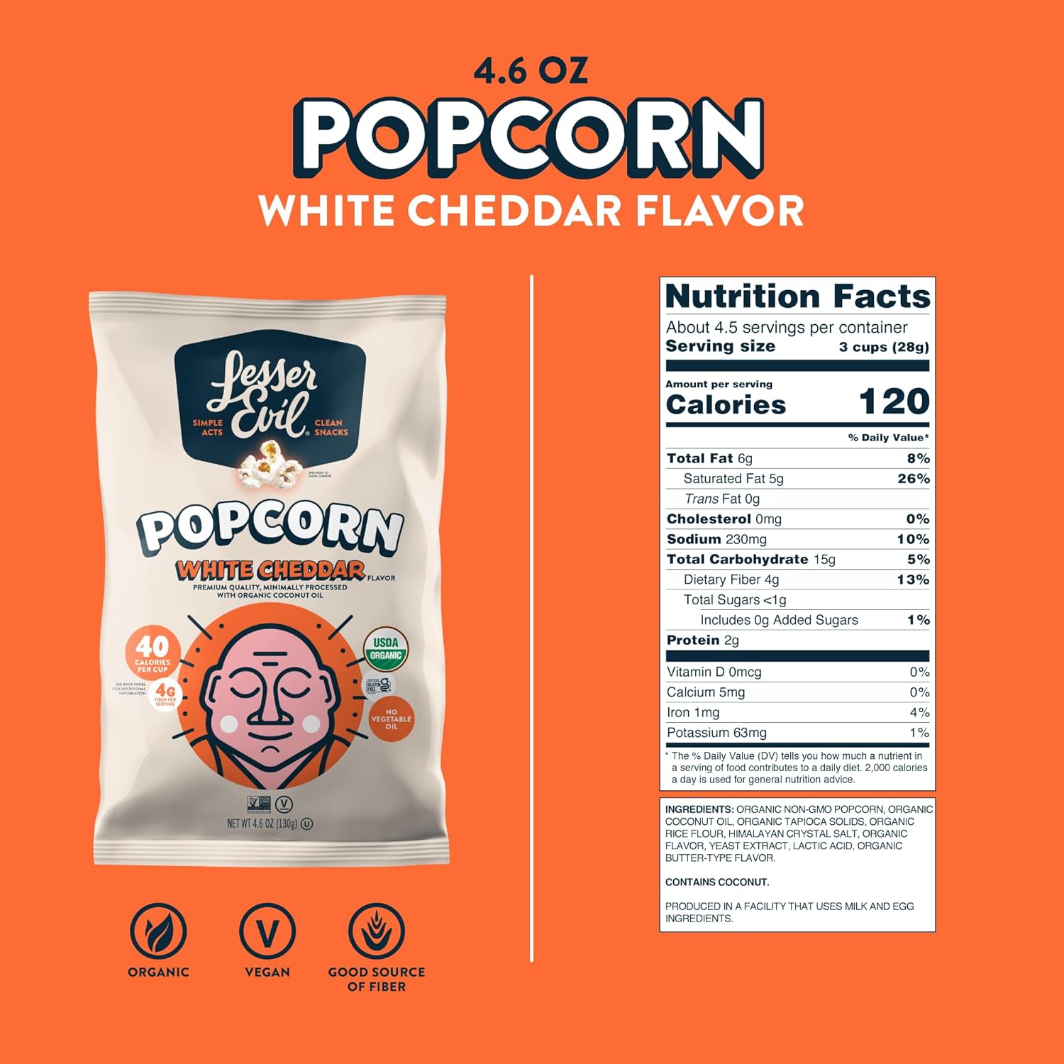 Lesser Evil, No Cheese Cheesiness Organic Popcorn,  4.6 Oz