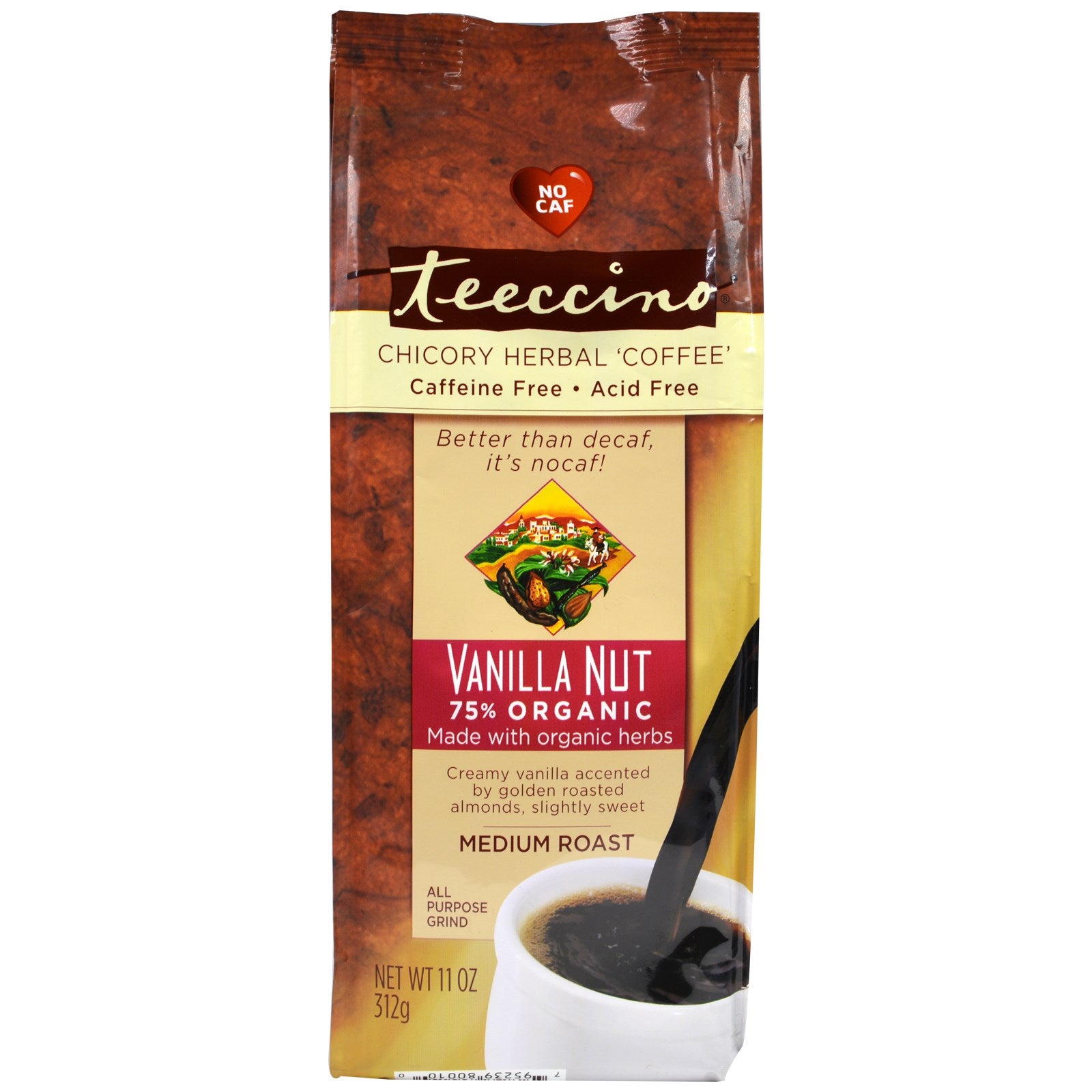 Teeccino, Mediterranean Herbal Coffee, Medium Roast, Caffeine Free, Vanilla Nut, 11 oz