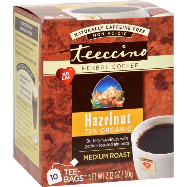 Teeccino, Herbal Coffee, Medium Roast, Caffeine Free, Hazelnut , 10 Tee-Bags, 2.12 oz