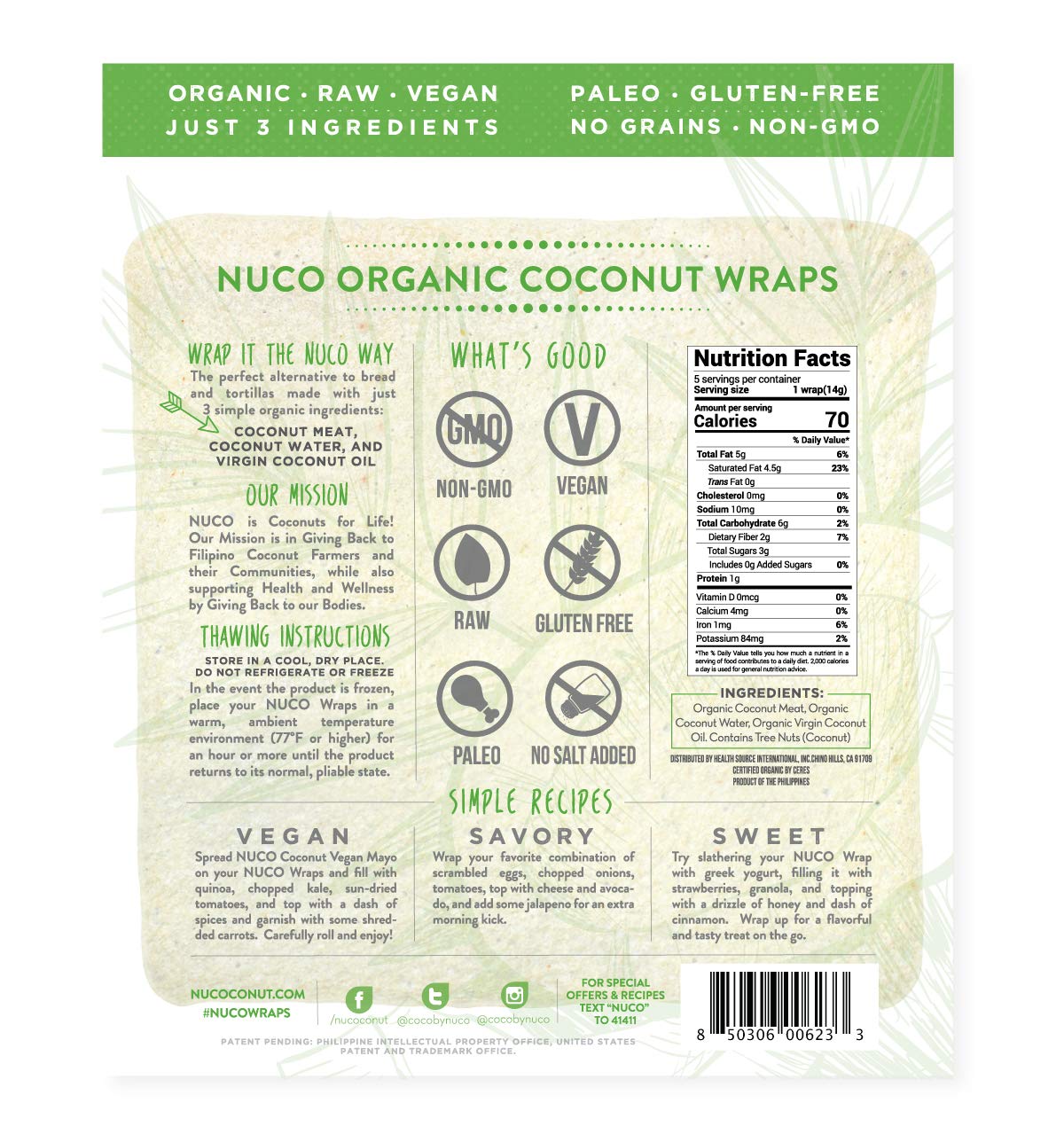 Nuco, Organic Coconut Wraps, 5 ct