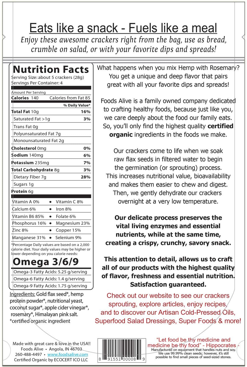 Foods Alive, Organic Rosemary Hemp Flax Crackers, 4oz