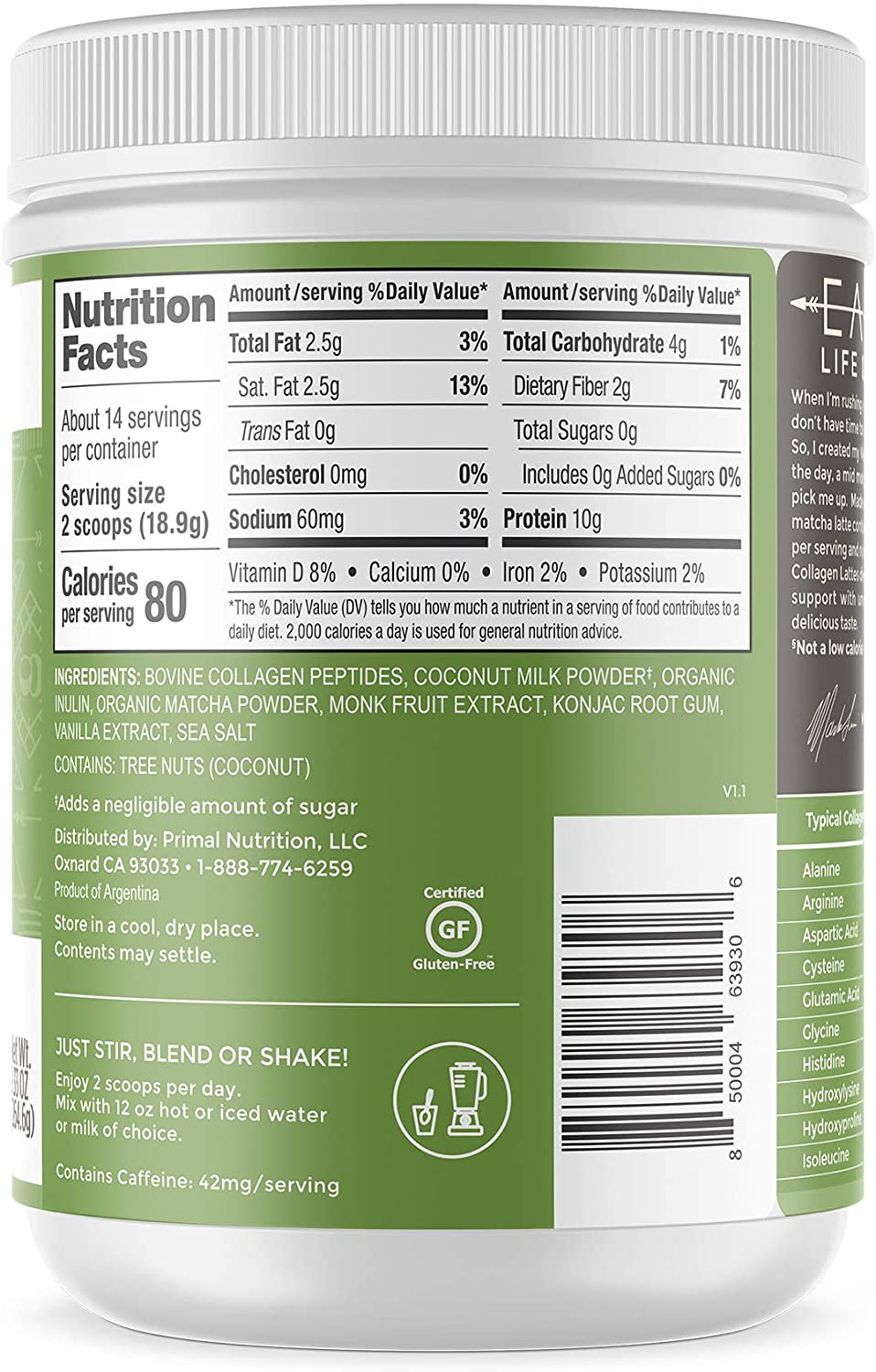 Primal Kitchen, Collagen Matcha Latte, 9.33 oz