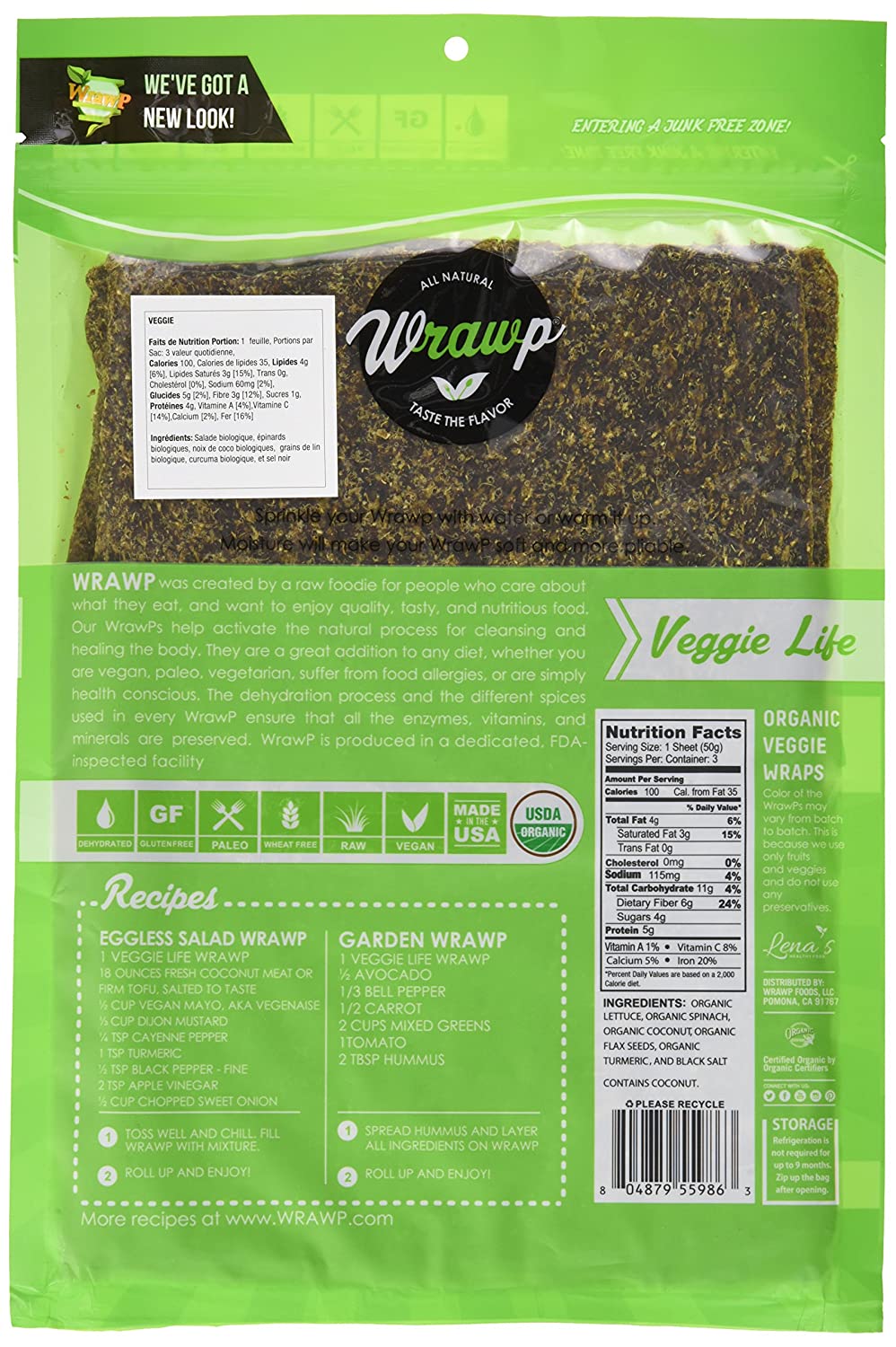 WrawP Foods, Organic Veggie Wraps, Veggie Life, 3.8 oz
