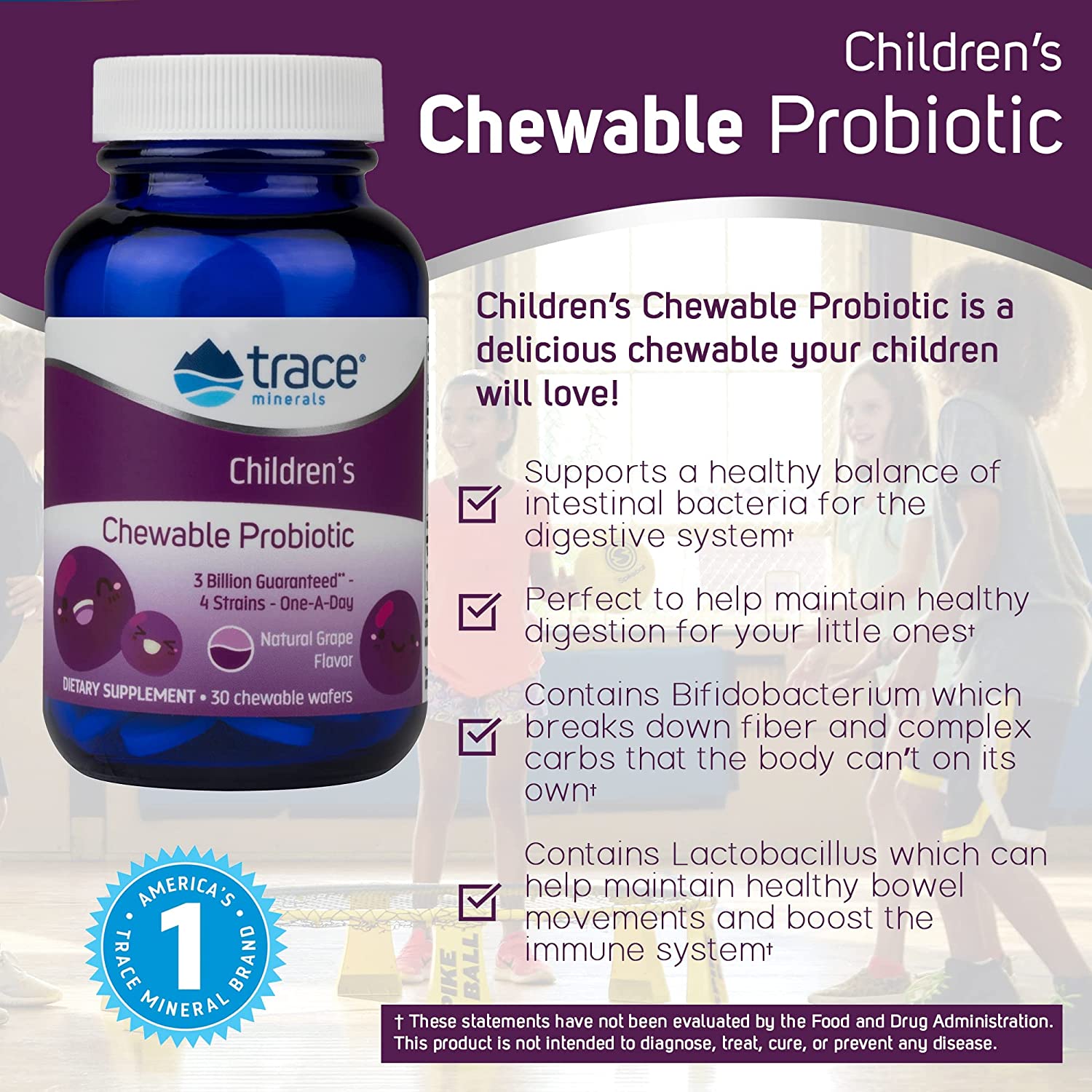 Trace Minerals Research, Children's chewable probiotic, 3 billion, Grape - 30ct