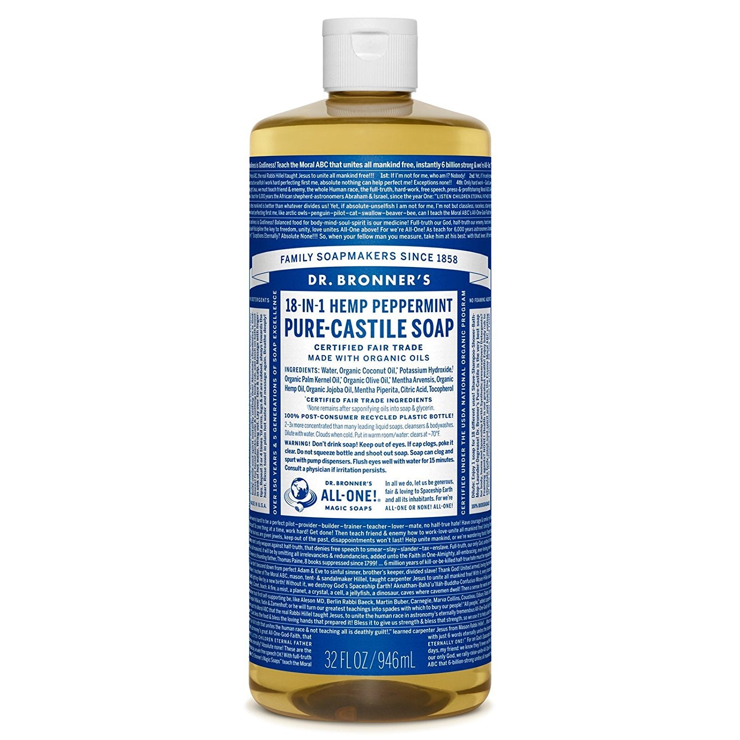 Dr. Bronner's Magic Soaps, Pure Castile Soap, 18-in-1 Hemp Peppermint, 16 fl oz